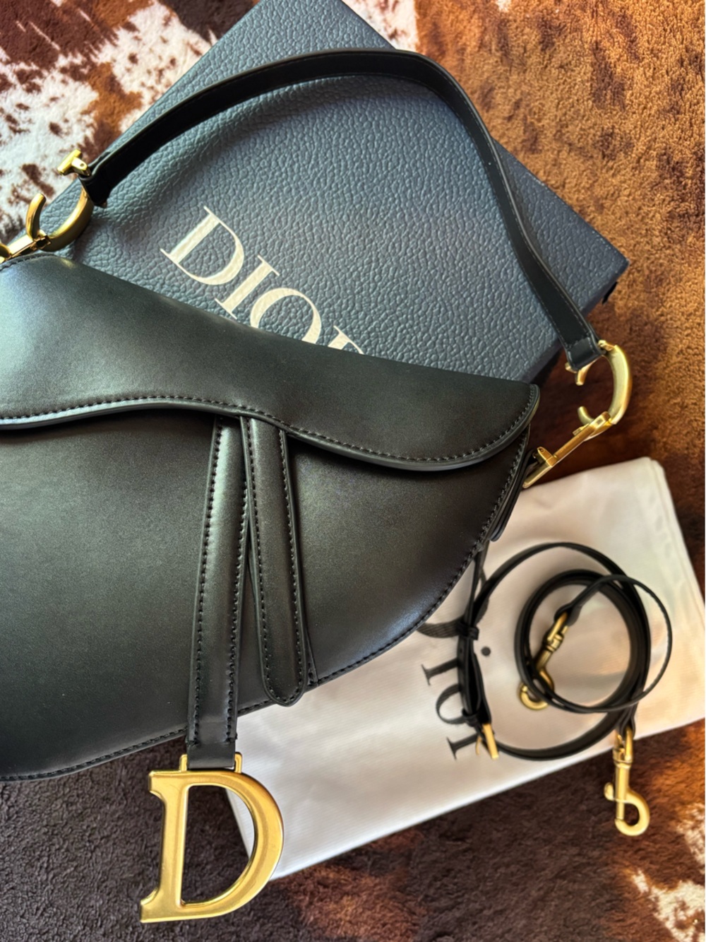 Dior Black Leather Saddle Shoulder Bag with Gold Hardware